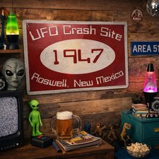 Listing image for UFO Crash Site 1947 Roswell New Mexico Metal Sign Red & White VTG Made USA 18x12