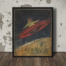 Listing image for Vintage UFO Spaceman Wall Art, Retro Sci-fi UAP Alien Decor, NASA Moon Cosmos