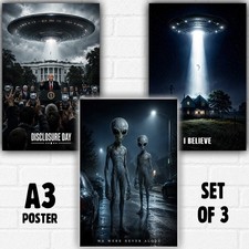 Listing image for Disclosure Day Alien UFO Poster Set A3 - Set of 3 – Space Sci-Fi Wall Art Prints
