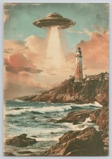 Listing image for UFO Alien Abduction Lighthouse Postcard Sci-Fi Fantasy Art Coastal Ocean Waves